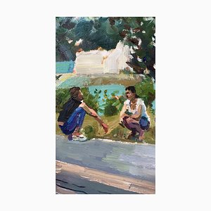 Su Yu, Two Girls on the Roadside, 2022, óleo sobre lienzo