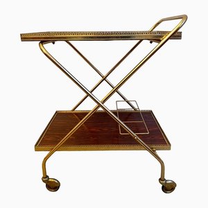 Golden Serving Trolley with Mahogany Trays, 1970s