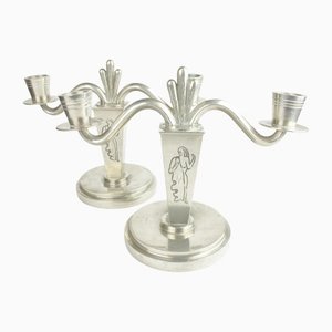 Art Deco Pewter Candleholders, 1940s, Set of 2