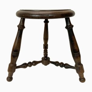 Antique French Turned Oak Stool, 1930s