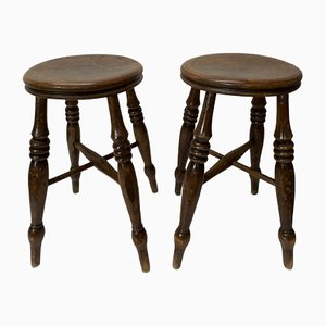 Set of Antique Victorian Elm Wood Farmhouse Stools, 1890s