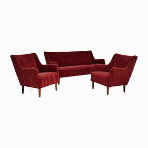 Danish Velour Sofa and Armchairs, 1960s, Set of 3