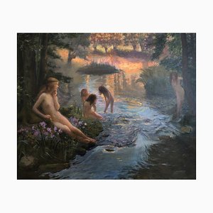 Gaston Bussiere, Jeune nymphes au bain, 1923, Oil on Canvas