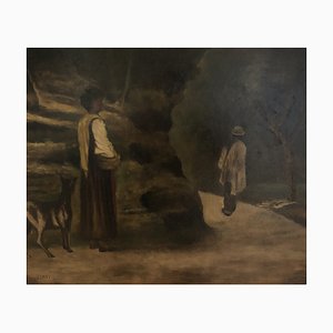 Lorenzo Viani, Two People on a Path, Oil on Cardboard, 1890s