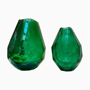 Italian Green Cristal Handmade Cut Vases from Simoeng, Set of 2
