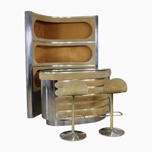 Mueble bar Hollywood Regency Mid-Century de metal cromado y gamuza, años 70. Juego de 4