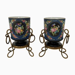 Napoleon III Porcelain Brass Frame Dore Vases, Paris, Set of 2