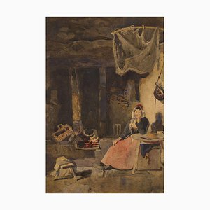 William James Müller, Interior con mujer sentada junto al fuego, principios del siglo XIX, acuarela