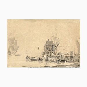 John Henderson, Barcos cerca de un embarcadero, siglo XVIII, dibujo