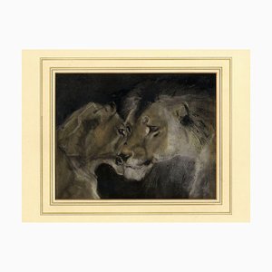 Alfred Vevier de Poncy, Lion & Lioness, Late 19th Century, Pastel Drawing