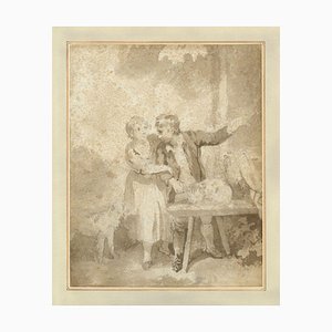 Henry Howard RA, Boy & Girl with Pet Cat & Dog, 19th Century, Brown Wash Drawing