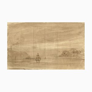After David Cox OWS, Seascape with Sailing Brig, Early 19th Century, Sepia Wash Painting