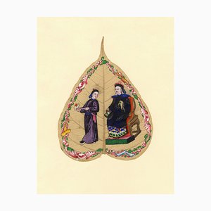 19th Century Chinese Qing Dynasty Peepal Leaf Painting Depicting Emperor with Official