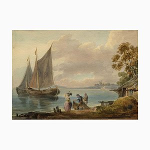 Fishing Lugger Boats on Estuary with Fisherfolk, 1825, Watercolour Painting