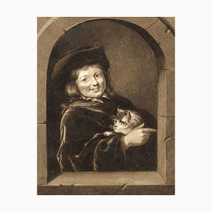 After Gerrit Dou, Boy with Cat Niche Painting, 1830s, Watercolour