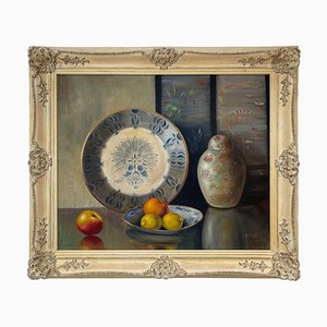 A. Van Dorp, Still Life with Delftware Plate, Mid-20th Century, Oil Painting