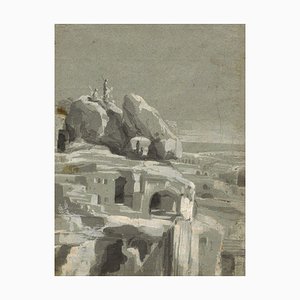 Rock Cave Dwellings with Spearsmen, Early 19th Century, Grisaille Wash Drawing