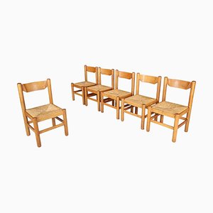 Stühle aus natürlicher Eiche und Binsengeflecht im Stil von Charlotte Perriand, Frankreich, 1960er, 6er Set