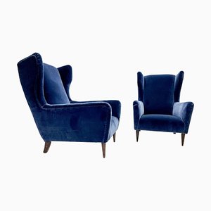 Moderne italienische Mid-Century Sessel in blauem Samt, 1950er, 2er Set