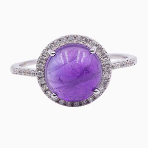 Vintage 9k White Gold Ring with Amethyst and Diamonds, 1990s