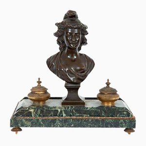 Antique Inkwell in Burnished Bronze and Green Alps Marble, France, 19th Century