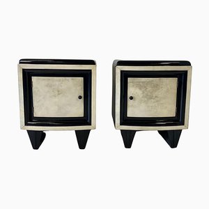 Art Deco Parchment and Black Lacquer Nightstands, Italy, 1930s, Set of 2