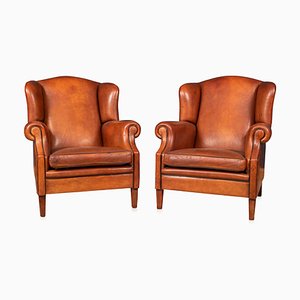 20th Century Dutch Sheepskin Leather Wingback Chairs, Set of 2