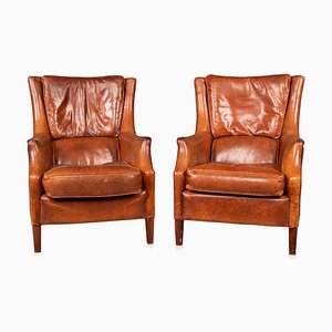 20th Century Dutch Sheepskin Leather Wingback Chairs, Set of 2