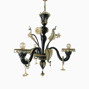 Lámpara de araña veneciana de cristal de Murano en negro y dorado con flores y hojas de Simoeng