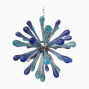 Murano Glas Sputnik Kronleuchter mit blauen Lufttropfen und Kromo Metallrahmen von Simoeng