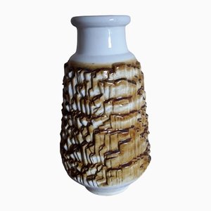 German White Glazed Ceramic Vase with Yellow-Brown Relief Decor from Carstens, 1970s
