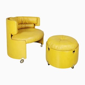 Leather Armchair and Pouf by Luigi Massoni for Poltrona Frau, 1960s, Set of 2