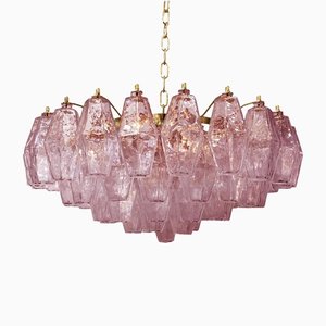 Lámpara de araña Poliedro de cristal de Murano en rosa con marco de metal dorado de Simoeng