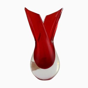 Art Glass Italian Red and Clear Mouth-Blown Murano Vase, 1960s