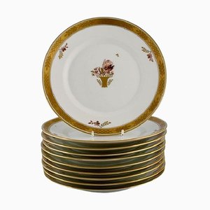 Platos para el almuerzo en forma de cesta dorada de porcelana pintada a mano de Royal Copenhagen, años 60. Juego de 10