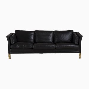 Danish Black Leather Three Seater Sofa, 1950s