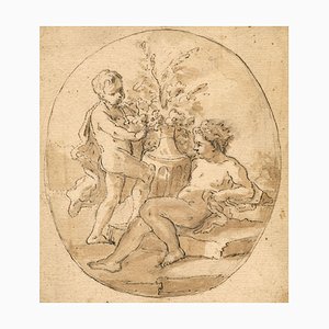 Cerchio di François Boucher, Putti con urna, XVIII secolo, inchiostro e acquerello