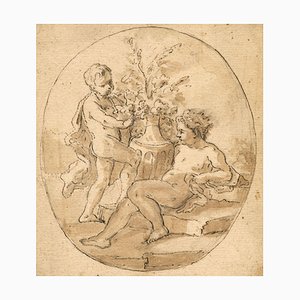 Círculo de François Boucher, Putti con urna, siglo XVIII, dibujo a tinta y aguada