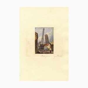 Después de Samuel Prout, Two Towers, Bologna miniatura, 1832, pintura de acuarela