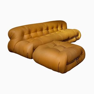 Soriana Sofa and Ottoman in Light Tobacco Leather by Afra & Tobia Scarpa for Cassina, Set of 2