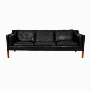 Model 2213 3-Seater Sofa in Patinated Black Leather by Børge Mogensen for Fredericia