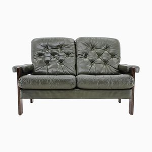 Dark Green Leather 2-Seater Sofa, Denmark, 1970s