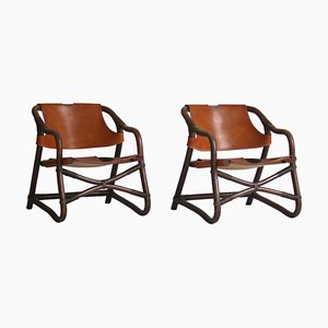 Set of Danish Modern Oak Stained Bamboo and Saddle Leather Manilla Armchairs