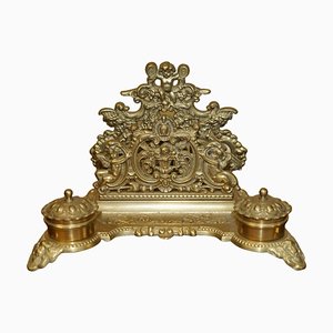 French Baroque Repousse Gilt Brass Inkwell Letter Stand with Cherubs, 1900s