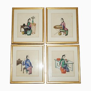 Gouaches chinos del siglo XIX enmarcados sobre papel de arroz. Juego de 4