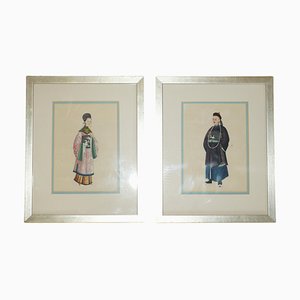 Gouaches chinos del siglo XIX enmarcados sobre papel de arroz. Juego de 2