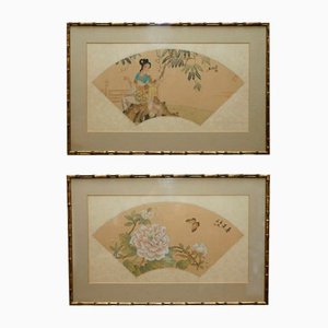 Antique Chinese Watercolour Silk Paintings of Geisha Girl with Flowers, 1920s, Set of 2