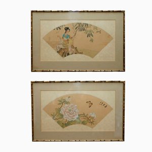 Peintures Aquarelle sur Soie Antiques de Geisha Girl avec Fleurs, Chine, 1920s, Set de 2