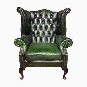 Queen Anne Style Green Leather Chesterfield Armchair, 1990s