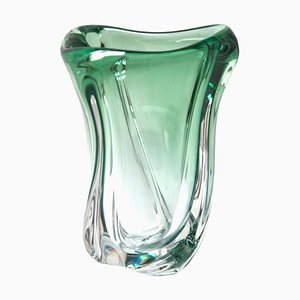 Sculpted Crystal Vase Green with Sommerso Core from Val Saint Lambert, Belgium, 1950s